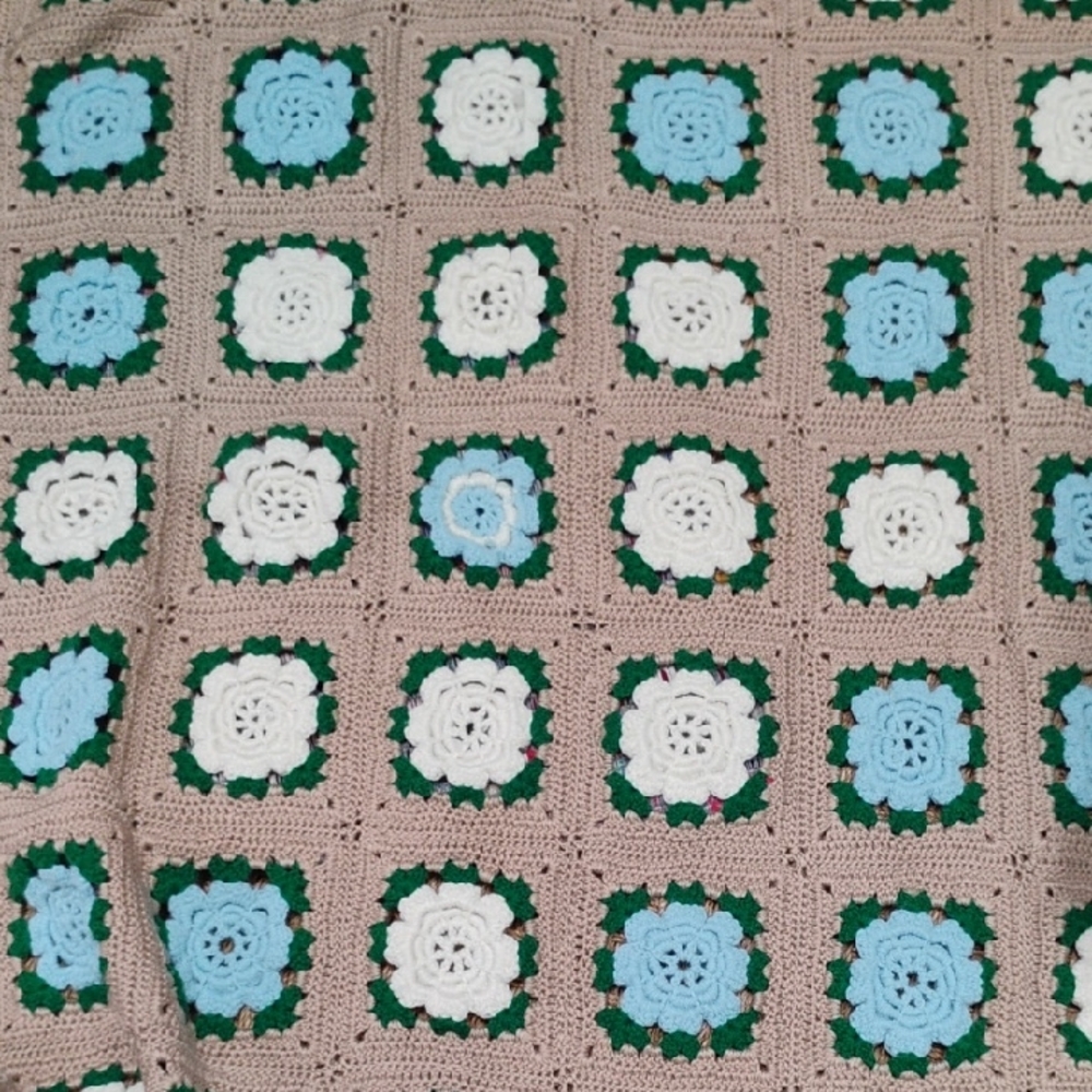 Handmade Crochet Blanket with Floral Squares. Blue, Tan and Cream. 5 X 5